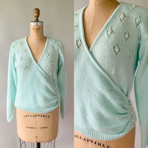 Vintage 1980s Seafoam Green Beaded Surplice Neck Embellished Wrap Sweater S M